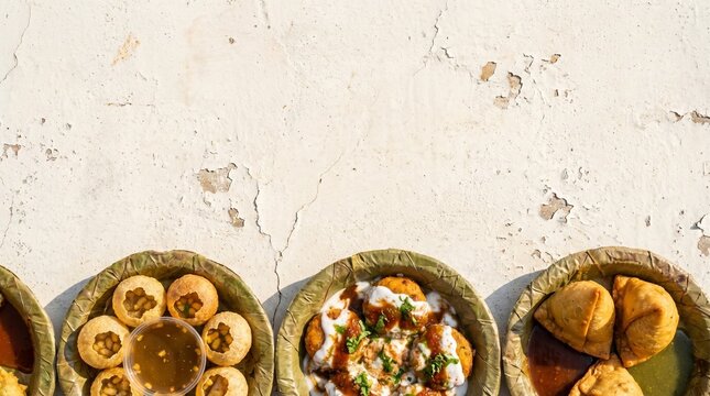 Top view of traditional indian street food snacks like pani puri, dahi vada, and samosas served on leaf plates