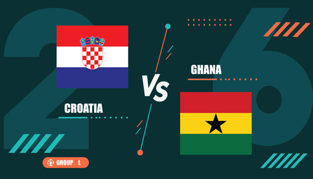 Croatia versus ghana flags on green background with numbers and text