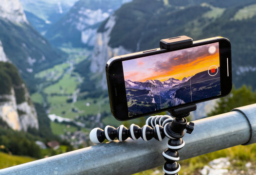 Smartphone mounted on a flexible tripod recording a stunning sunset over a deep mountain valley in the Swiss Alps, perfect for travel vlogging and mobile photography content.