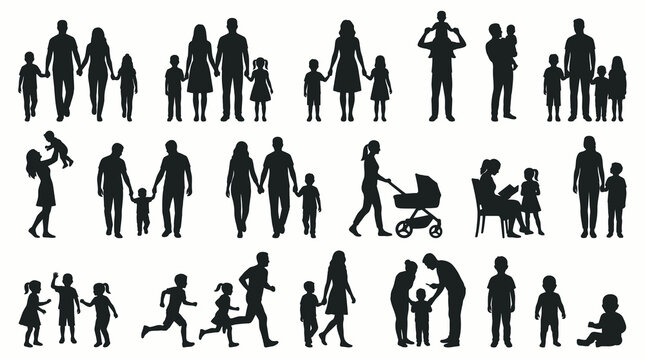 Vector illustration set of happy family silhouettes walking and standing together, minimalist black icons of parents with children, mother with stroller, and various outdoor activities isolated on whi