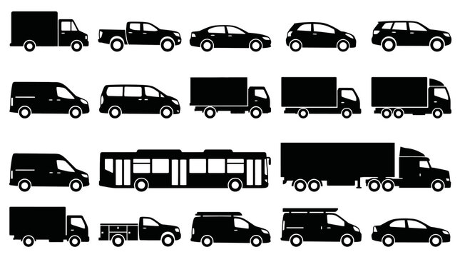 Vector illustration set of commercial vehicles and city transportation silhouettes, minimalist black icons of generic cars, sedan, hatchback, minivan, pickup, delivery vans, box trucks, semi trailer, 