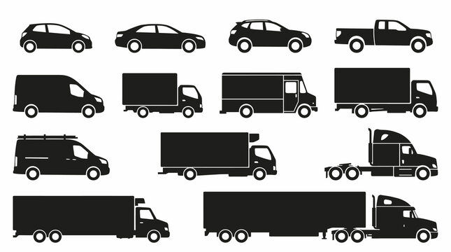 Vector illustration set of vehicles and transportation silhouettes, minimalist black icons of generic cars, sedan, hatchback, suv, pickup, commercial vans, delivery and semi trucks isolated on a white