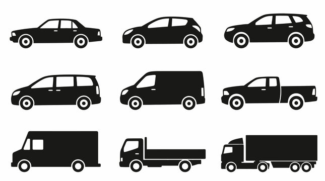 Vector illustration set of vehicles and transportation silhouettes, minimalist black icons of generic cars, sedan, hatchback, suv, minivan, commercial van, pickup, delivery and semi truck isolated on 