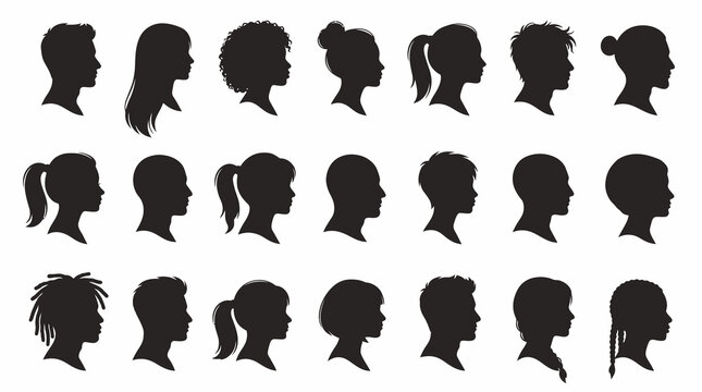 Vector illustration set of diverse human side profile silhouettes, minimalist black icons of generic men and women with various male and female hairstyles isolated on a white background.
