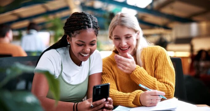 Laugh, college and phone with women in library for gossip, social media and viral post. University app, bonding and student sorority update with friends on campus for communication, books and news
