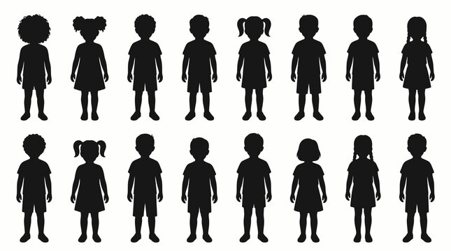 Vector illustration set of diverse children standing silhouettes, minimalist black icons of generic boys and girls with various hairstyles, shorts, and dresses isolated on a white background.