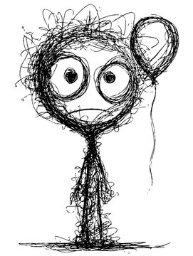 Scribbled figure with balloon string on white background