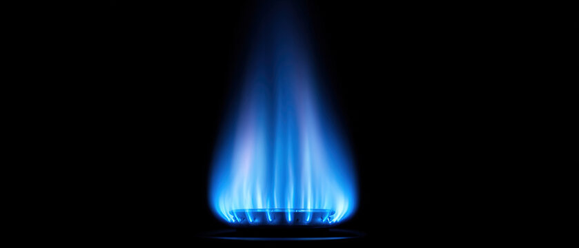 Closeup of a blue gas flame on a black background, symbolizing energy, heating, and natural gas with a clean, modern look.
