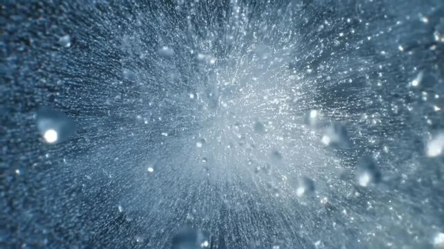 Slow motion close up of water droplets erupting from impact on underwater surface with radial splash movement and suspended particles in blue light