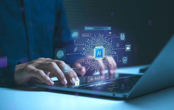 AI agent interface on laptop person using artificial intelligence for workflow automation smart search data processing cybersecurity and enhanced digital productivity.
