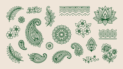 green floral paisley pattern, decorative heritage leaf background, seamless ethnic paisley design, artistic folk leaf print, ornate ornamental leaf wallpaper, intricate cultural motif illustration, vi © Geetaroy