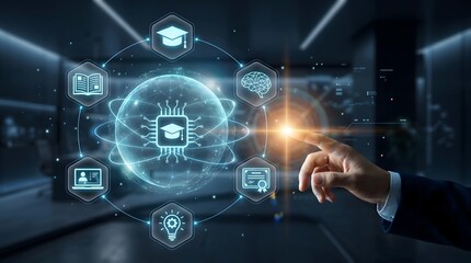 Fototapeta premium Global digital education network concept with hand touching futuristic glowing e-learning interface with smart microchip icon