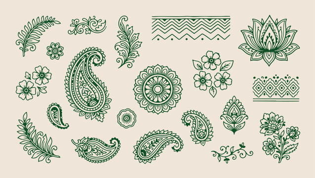 green floral paisley pattern, decorative heritage leaf background, seamless ethnic paisley design, artistic folk leaf print, ornate ornamental leaf wallpaper, intricate cultural motif illustration, vi