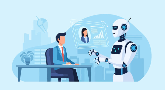Professional human recruiter interviewing a futuristic humanoid robot candidate for an office position in this detailed modern flat vector illustration