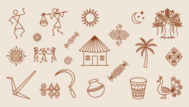 rural indian village pattern, traditional warli folk background, ethnic village life illustration, rustic indian culture print, decorative tribal house wallpaper, artistic rural life design, simple fo