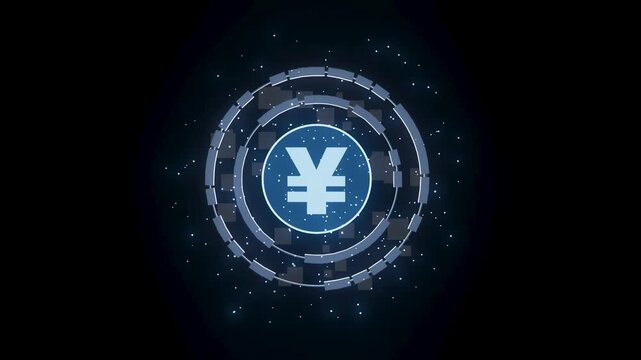 Digital currency symbol with glowing effects in a dark space focusing on the yen logo and surrounding circles