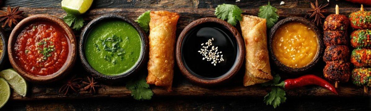 Several different types of food are arranged on a wooden board indian street food food background