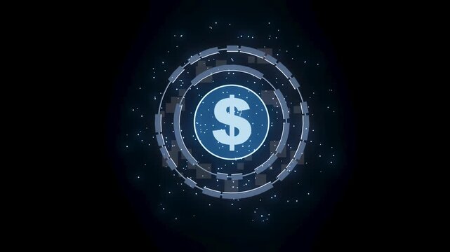 Digital currency symbol appears in the center of a glowing circular pattern with blue and black background in a modern design
