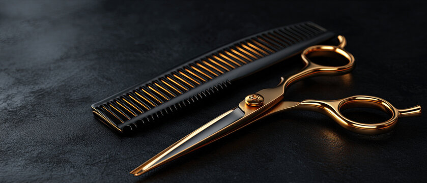 Luxury gold scissors and a black comb on a dark textured background, perfect for salon, barbershop, or beauty industry concepts.