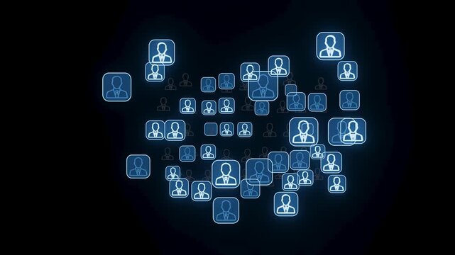 Digital network connects multiple users through glowing icons around a dark background in a technological setting