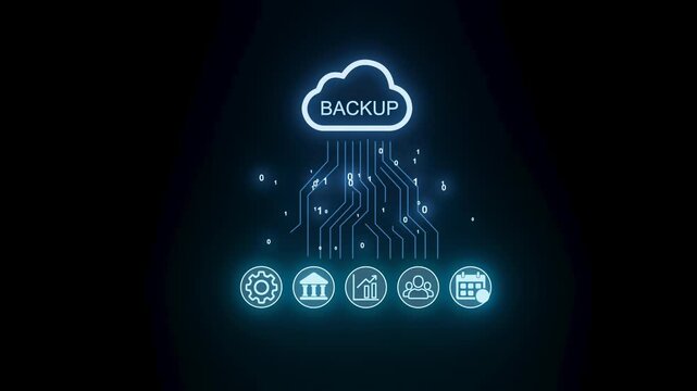 Cloud backup technology shows data flow and symbols of security and management