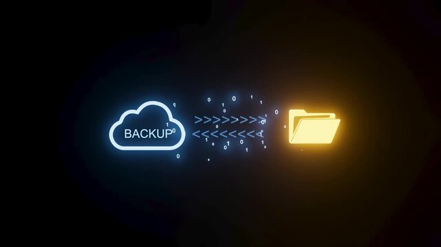Cloud backup stores data in a secure folder using digital technology and symbols for safe data management