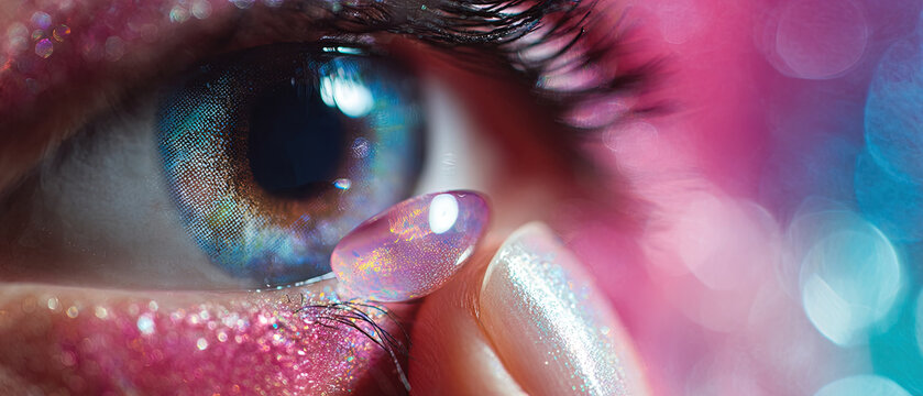 Close-up of a person placing a contact lens on their eye, with vibrant pink and blue background and sparkling makeup.