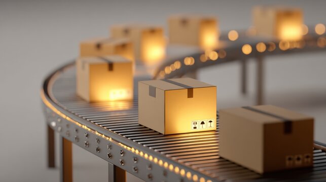 Cardboard boxes moving along a conveyor belt in a factory setting, illuminated by warm, glowing lights