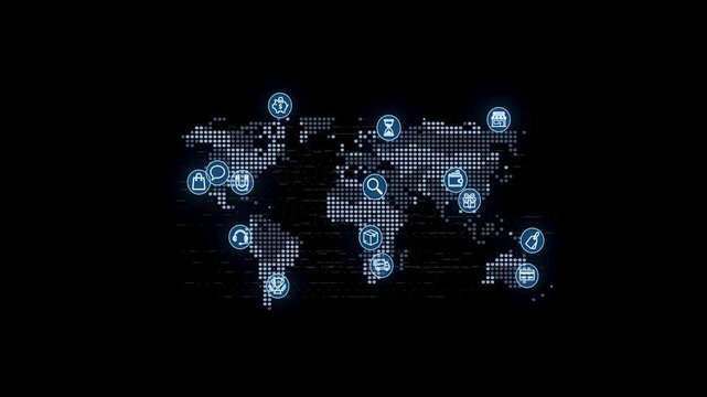 World map with digital icons showing different global activities and services for various industries and sectors