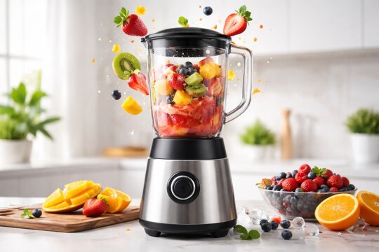 Fruit mixing in blender on counter with fresh ingredients in kitchen