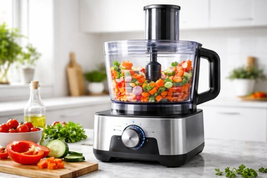 Fresh vegetables get chopped in a food processor on a kitchen counter with natural light