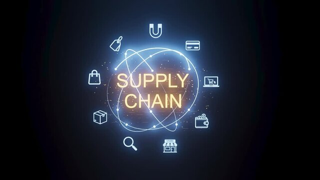 Supply chain concept with digital icons showing various aspects and tools related to logistics and management in a modern setting