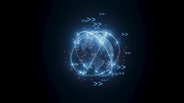 Digital globe with lines and arrows showing global connection and data flow in a dark background