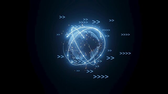 Digital globe with glowing lines and arrows showing movement around the world in a dark background setting