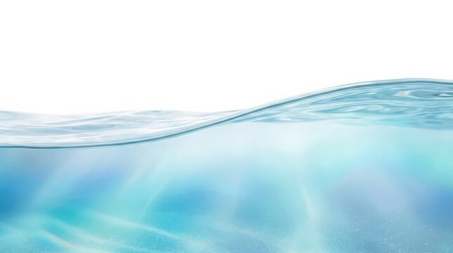 Rippled waterline on white background with underwater view, clean abstract ocean texture banner, fresh aquatic scene for beach travel vacation wellness and copy space, photorealistic detail, soft