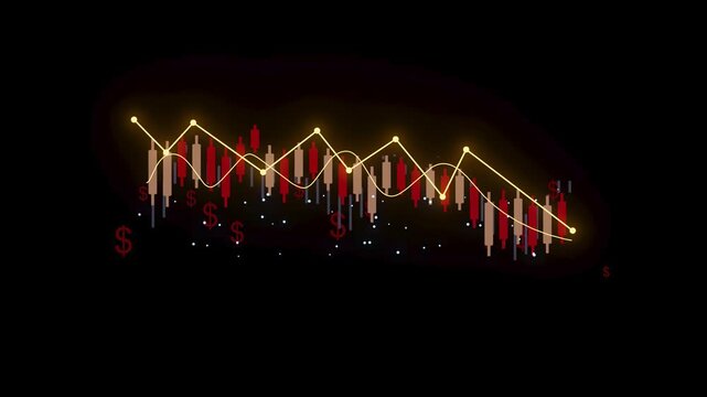 Stock market chart shows price fluctuations with red and green candlesticks on a dark background at night