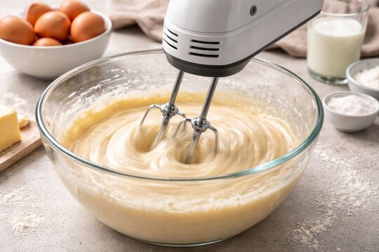 Mixing batter with handheld mixer in kitchen as eggs and ingredients are prepared