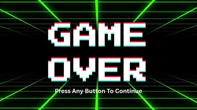 A vibrant retro gaming 'GAME OVER' screen featuring pixelated text with a glitch effect and a neon green laser grid background, evoking classic arcade nostalgia