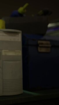 A computer tower sits on a shelf in a dim room. There is a yellow object nearby. The setup shows signs of age. Dust and wear are visible on the machine and the surrounding area.