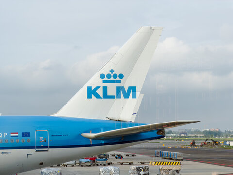 May 4, 2026, Amsterdam, Netherlands - KLM Boeing 777 aircraft on the tarmac at Schiphol Airport