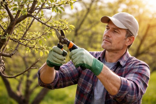 Man using garden shears to prune apple trees in sunny orchard