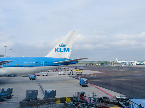 May 4, 2026, Amsterdam, Netherlands - KLM Boeing 777 aircraft on the tarmac at Schiphol Airport