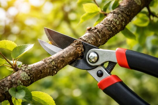 Pruning a branch with secateurs in a garden during a sunny day