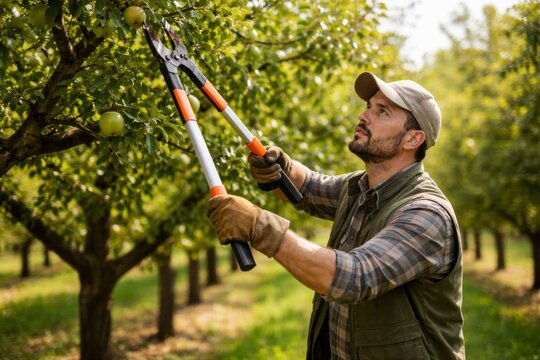 Man using garden shears to prune apple trees in sunny orchard