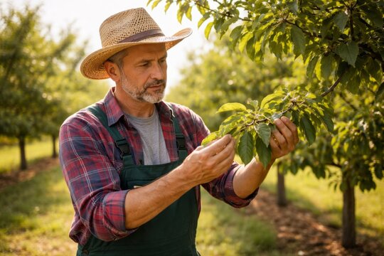 Farmer inspecting apple tree leaves during afternoon at an orchard