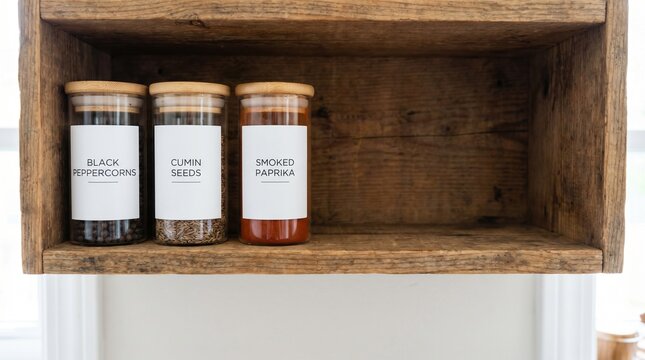Three glass spice jars with bamboo lids labeled black peppercorns, cumin seeds, and smoked paprika sitting on a rustic wooden shelf