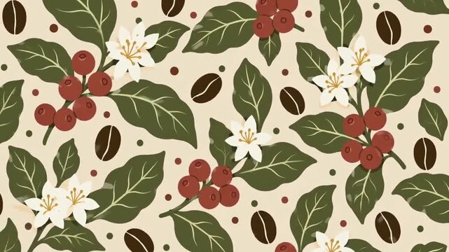 Seamless pattern with charming coffee beans berries and leaves on cream background