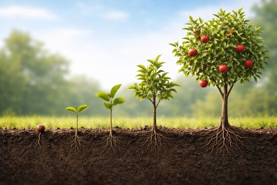 Growth stages of an apple tree in a field with clear skies and sunlight
