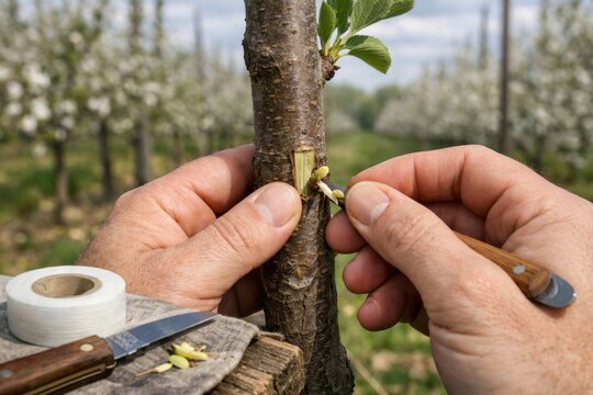 Grafting young apple tree in orchard during springtime with blooming trees in background