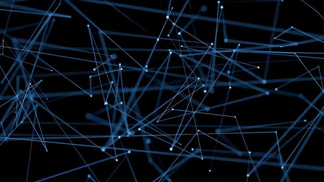 Lines and points create a network design with blue colors on a black background showing connections and paths in an abstract form